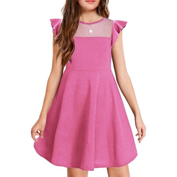 🆕Girls Hot Pink Polyester Summer Dress Ruffle Sleeve Mesh A-Line Casual Party - Picture 1 of 7